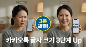 카카오톡 글씨 크기 크게하고 만족해하는 여성과 그렇지 못한 여성과의 비교