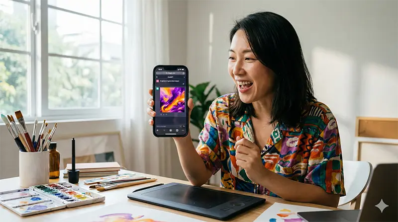 챗GPT 이미지 생성 결과를 확인하며 즐거워하는 한국 여성