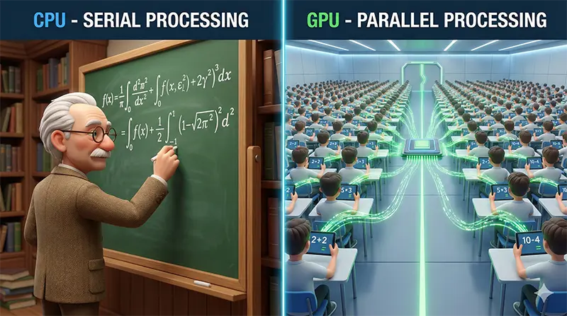 CPU(수학 교수 1명)와 GPU(학생 1000명)의 연산 처리 방식 차이점 비교 일러스트
