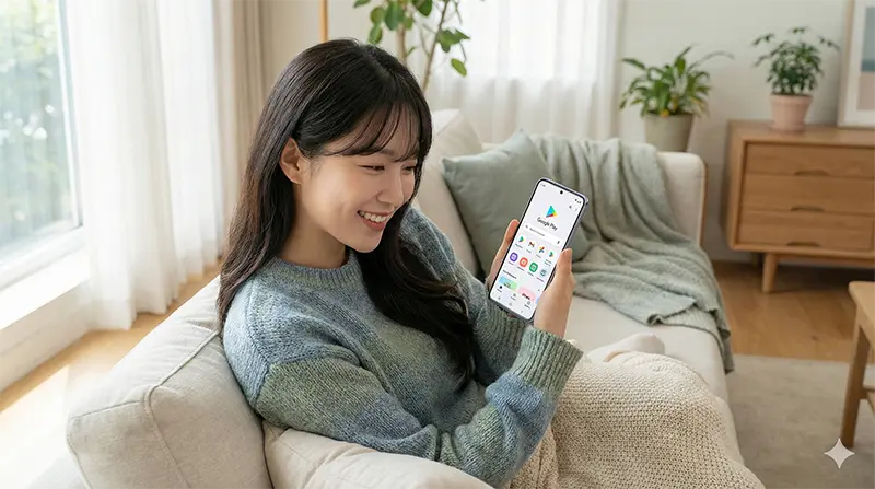 편안한 자세로 스마트폰 화면을 보며 앱을 검색하고 설치하는 모습