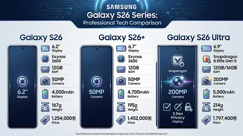 갤럭시 S26 시리즈 스펙 비교 인포그래픽