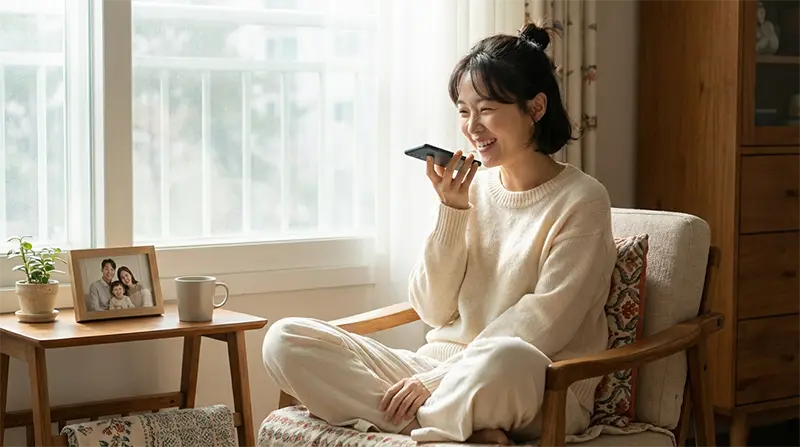 카카오톡-음성메시지-전송-행복한 표정-지적인-중년여성