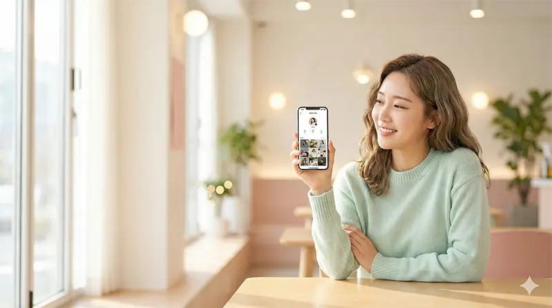 카톡 프로필 편집 화면을 보여주고 있는 한국 여성