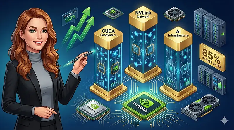엔비디아 기술적 경쟁우위 분석 인포그래픽 - CUDA 생태계와 NVLink 기술