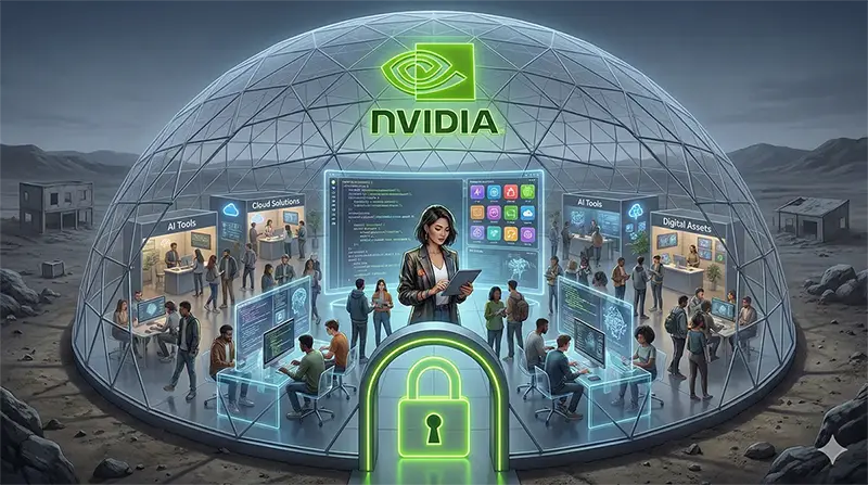 엔비디아 CUDA 생태계라는 거대한 디지털 돔 안에서 작업하는 개발자들과 잠겨있는 입구