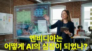 엔비디아 그래픽카드가 인공지능 AI의 핵심 두뇌로 연결되는 과정을 보여주는 미래지향적 일러스트