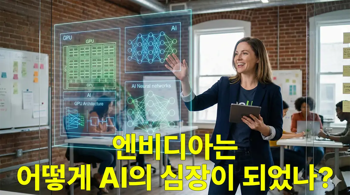 엔비디아 그래픽카드가 인공지능 AI의 핵심 두뇌로 연결되는 과정을 보여주는 미래지향적 일러스트