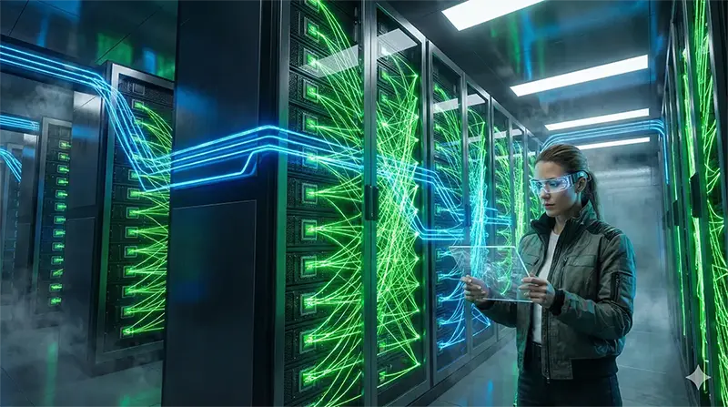 NVLink와 인피니밴드 기술로 수많은 GPU가 빛의 속도로 연결되어 거대한 슈퍼컴퓨터처럼 작동하는 모습