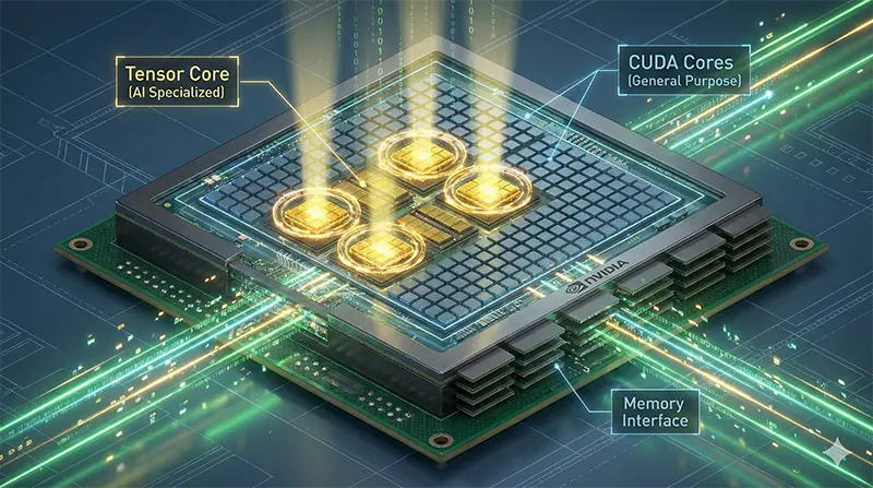 엔비디아 GPU 칩 내부에 탑재된 AI 전용 연산 가속기 텐서 코어(Tensor Core) 확대 모습