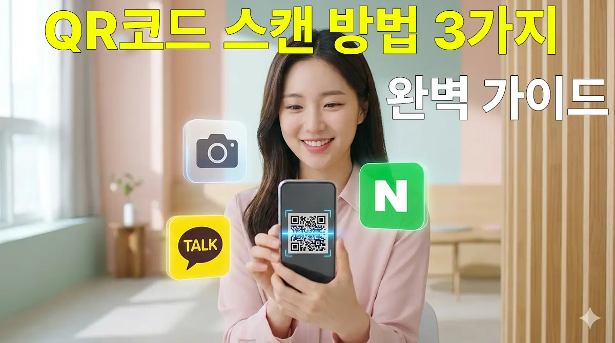 QR코드 스캔 방법 3가지를 배우는 한국 여성과 스마트폰
