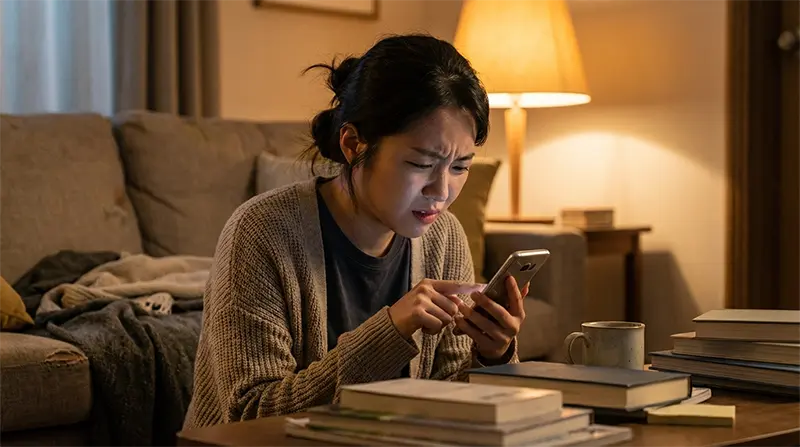 카카오톡음성메시지보내기-스마트폰-입력이-어려워-답답해하는-중년여성