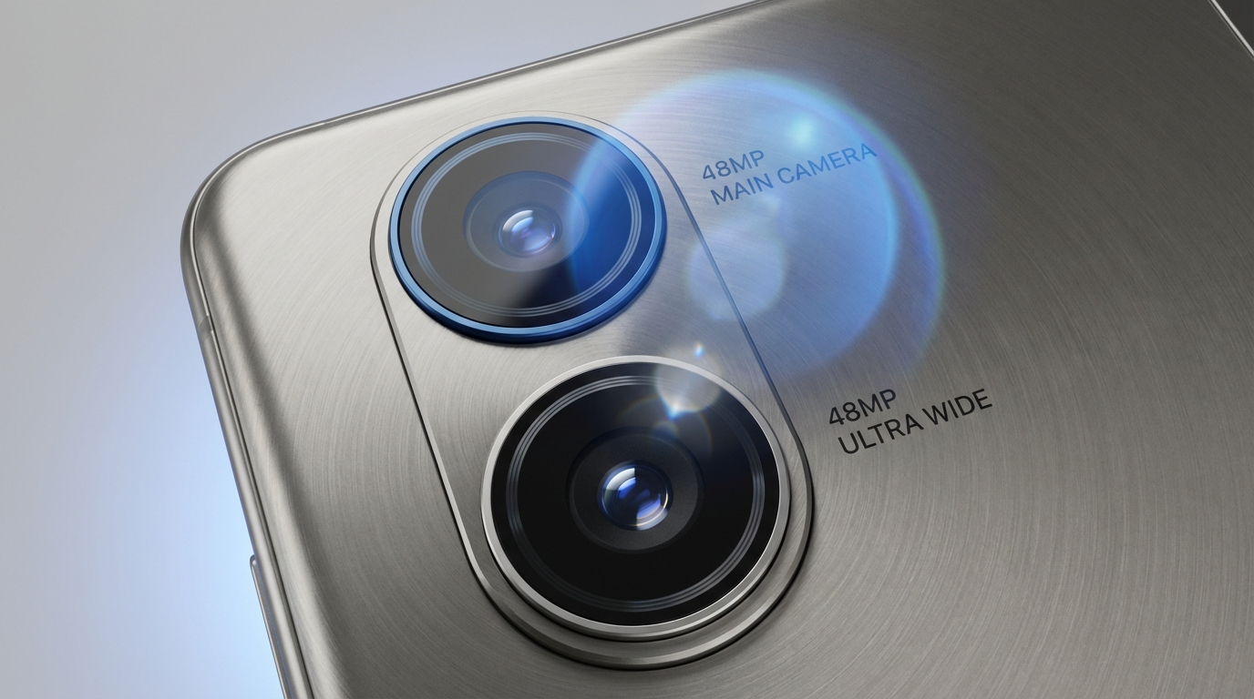 48MP 메인 카메라와 48MP 초광각 카메라로 구성된 아이폰 폴드의 듀얼 후면 카메라 모듈을 극단적으로 클로즈업한 제품 사진