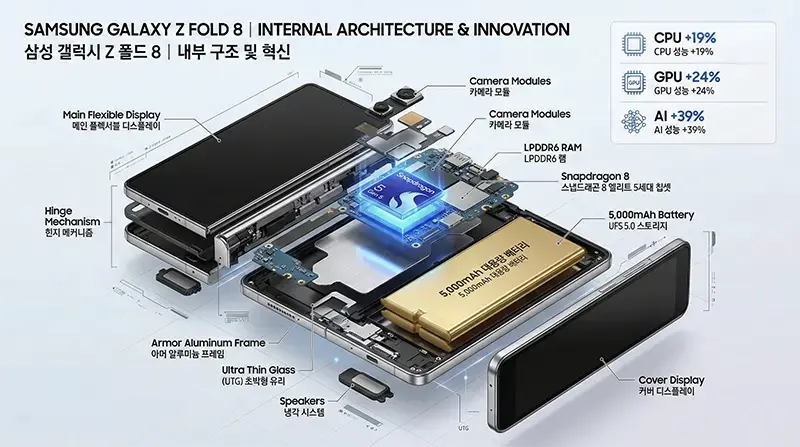 갤럭시 Z 폴드8 스냅드래곤 8 Elite Gen 5 칩셋과 5000mAh 배터리 내부 구조