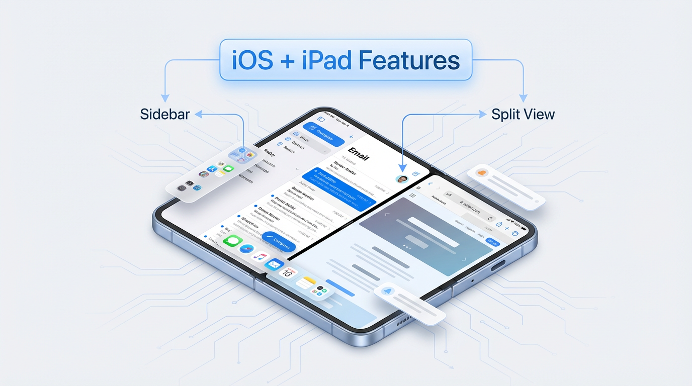 iOS 기반이지만 아이패드 스타일 멀티태스킹을 지원하는 아이폰 폴드의 분할 화면 인터페이스를 보여주는 개념 일러스트레이션