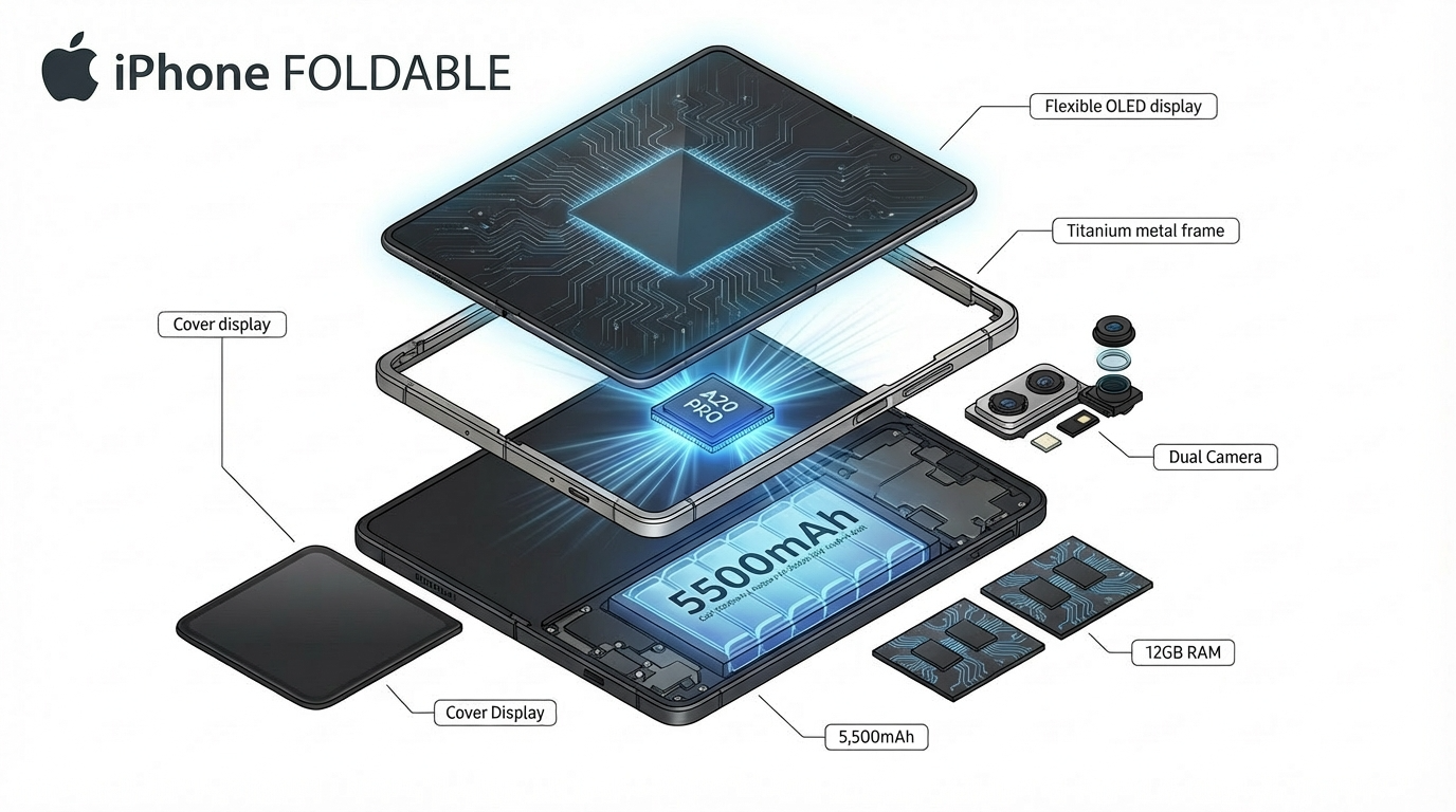 애플 폴더블 아이폰의 내부 구조를 분해한 기술 일러스트레이션으로 A20 프로 칩, 5,500mAh 배터리, 12GB RAM이 강조된 아이소메트릭 뷰 이미지