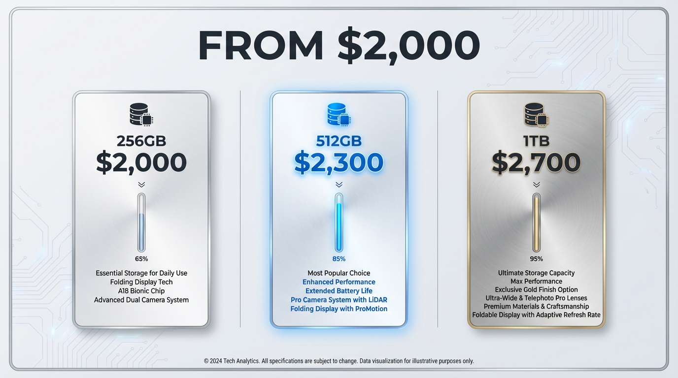 아이폰 폴드 가격을 저장 용량별로 비교한 인포그래픽으로 256GB, 512GB, 1TB 모델의 가격대를 시각화한 이미지