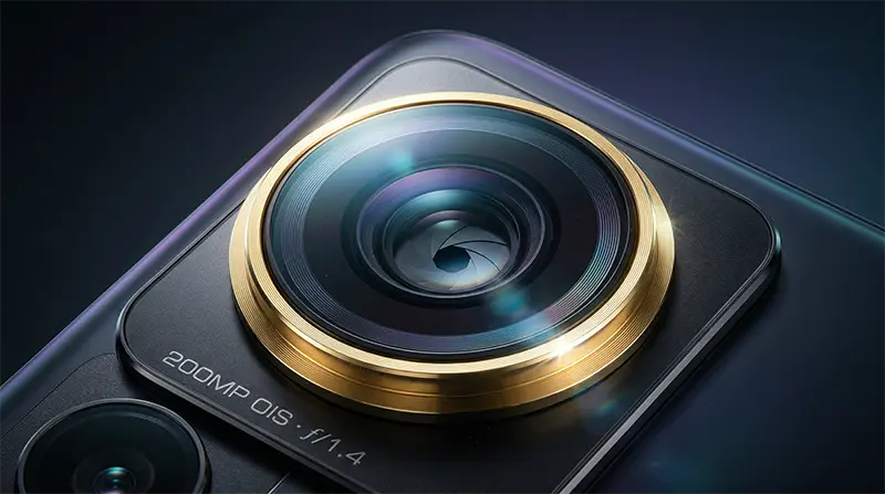 갤럭시 S26 울트라의 200MP 메인 카메라 렌즈를 극단적으로 클로즈업한 매크로 샷으로, f/1.4 광각 조리개와 골드 링 강조가 돋보이는 이미지