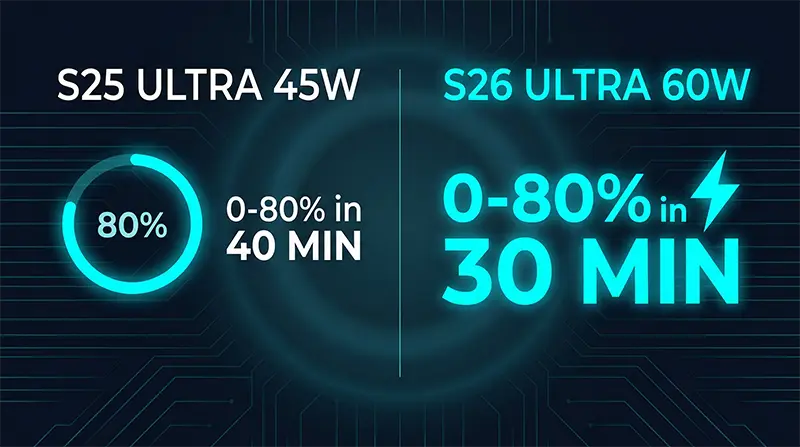 S25 Ultra의 45W 대비 갤럭시 S26 울트라의 60W 유선 충전 속도를 0~80% 시간으로 비교하는 인포그래픽으로, 30분 충전 시간을 강조한 데이터 시각화