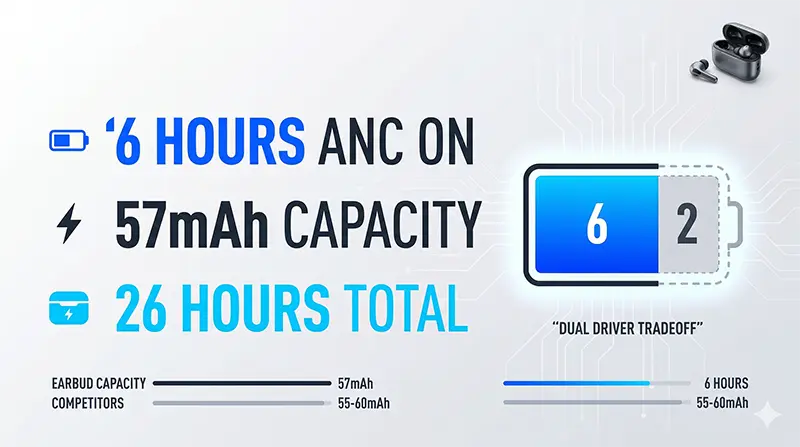 갤럭시 버즈4 프로의 57mAh 배터리 용량과 ANC ON 기준 6시간 재생시간을 보여주는 인포그래픽