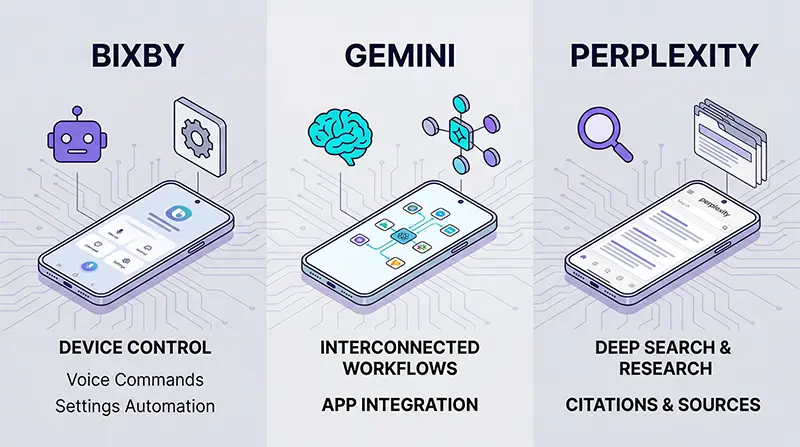 Bixby의 기기 제어, Gemini의 멀티스텝 자동화, Perplexity의 AI 검색 기능을 각각의 특화 영역으로 비교하는 삼중 AI 비서 일러스트