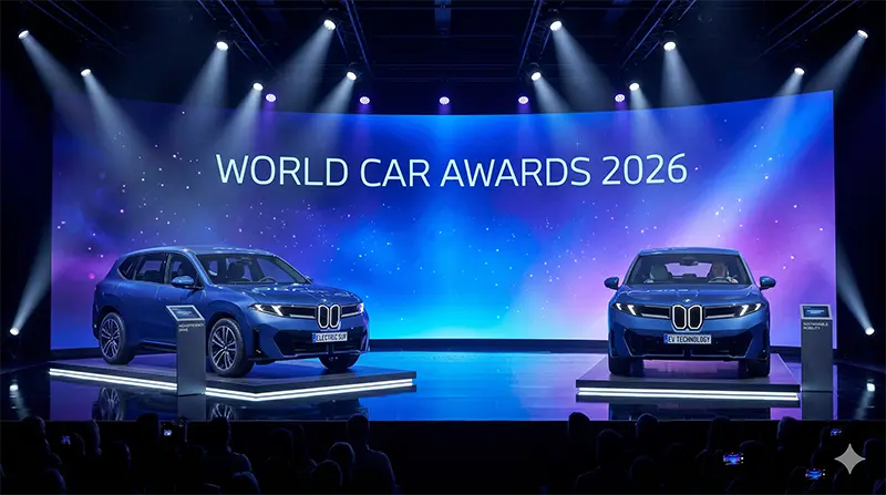 BMW iX3가 무대 중앙에서 스포트라이트를 받는 이벤트 씬으로, LED 스크린에 World Car Awards 2026이 표시된 장면