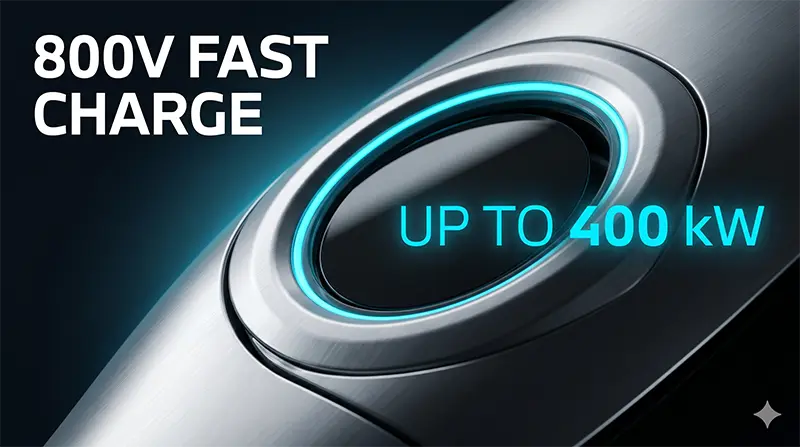 BMW iX3 충전 포트 클로즈업으로, 청록색 일루미네이티드 링과 800V 급속충전 텍스트가 표시된 매크로 이미지