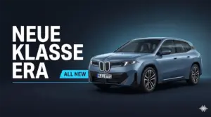 BMW iX3 전기 SUV의 3/4 프론트 앵글 마케팅 렌더로, 세로형 일루미네이티드 키드니 그릴과 LED 헤드램프가 강조된 노이어 클라쎄 플랫폼 기반 이미지