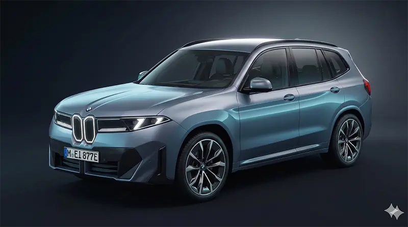 BMW iX3 전면 3/4 앵글 스튜디오 히어로 샷으로, 세로형 키드니 그릴과 LED 헤드램프, 메탈릭 블루그레이 페인트가 강조된 이미지