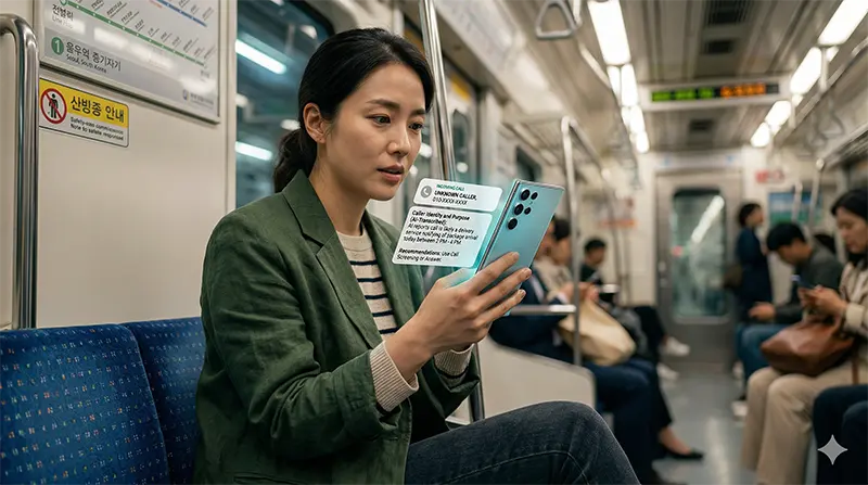 지하철에서 갤럭시 S26 울트라의 Call Screening 기능을 사용하여 모르는 번호의 전화를 AI가 대신 받아 화면에 텍스트로 보여주는 자연스러운 일상 장면