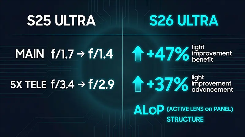 S25 Ultra와 삼성 갤럭시 S26의 카메라 조리개, ALoP 구조, Nightography 확대 등 주요 카메라 스펙 개선사항을 비교하는 인포그래픽