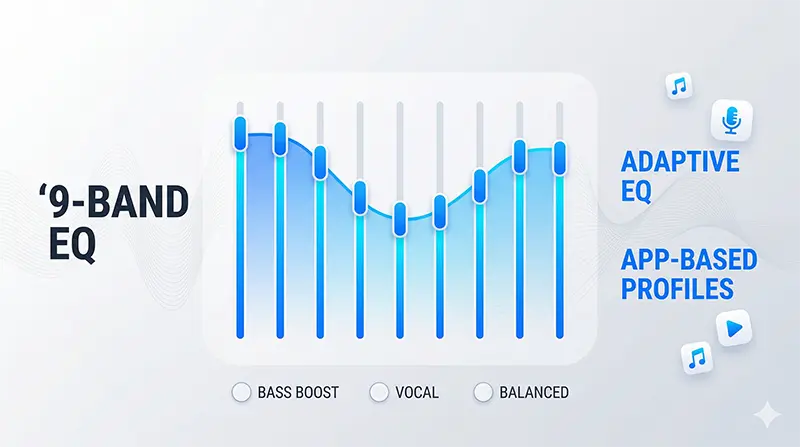 9밴드 이퀄라이저와 Adaptive EQ, 앱별 EQ 저장 기능을 시각화한 음향 커스터마이징 UI 인포그래픽