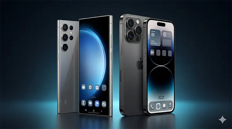 갤럭시 S26 울트라와 아이폰 17 프로 맥스를 나란히 배치하여 무게와 두께 차이를 비교한 제품 사진으로 갤럭시의 더 얇고 가벼운 디자인이 강조됨