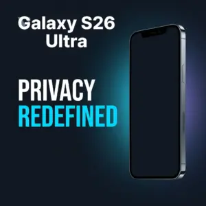 갤럭시 S26 울트라의 세계 최초 Privacy Display 기술을 강조하는 프리미엄 마케팅 배너로, 어두운 배경에 제품이 우아하게 배치된 이미지