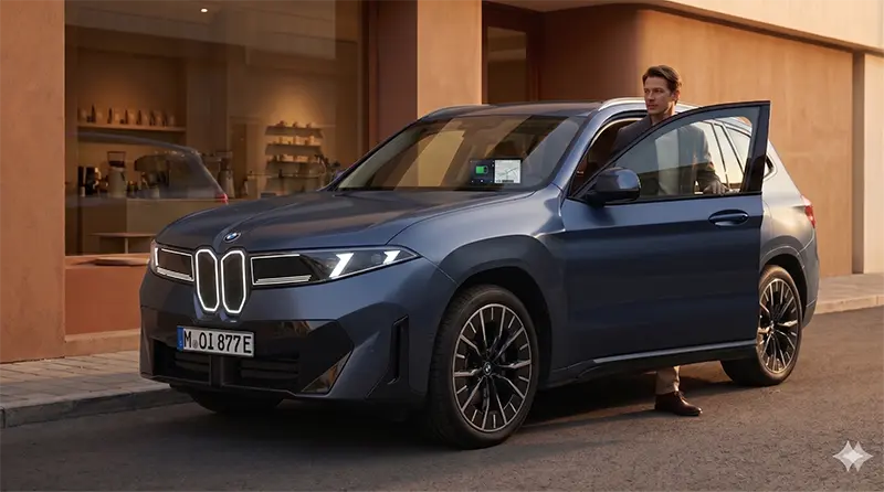 도심 카페 앞 BMW iX3 주차 장면으로, 운전자가 차에서 내리는 골든 아워 라이프스타일 이미지