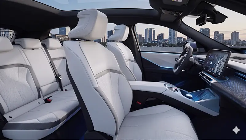 BMW iX3 실내의 파노라믹 아이드라이브로, 앞 유리 하단 긴 디스플레이와 중앙 OLED 터치스크린이 보이는 와이드 샷