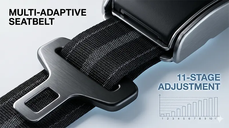 프리미엄 안전벨트 웨빙 텍스처의 극단적 클로즈업으로, 11단계 조절 메커니즘과 Multi-Adaptive 텍스트가 오버레이된 매크로 사진