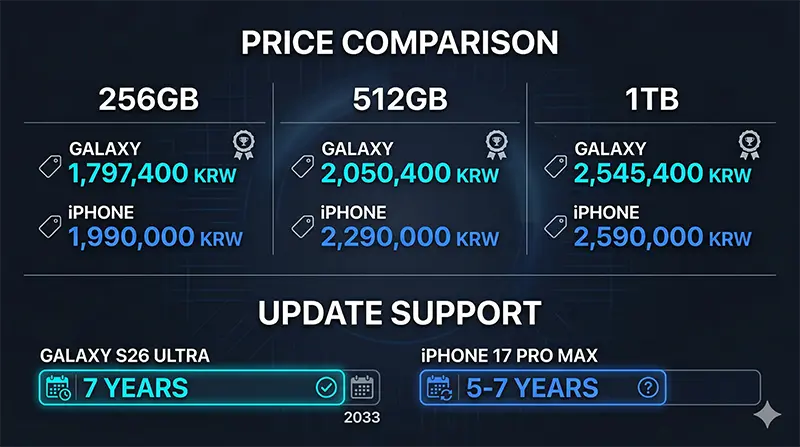 256GB, 512GB, 1TB 용량별 가격 비교에서 갤럭시 S26 울트라가 더 저렴하고, 업데이트 지원은 갤럭시가 공식 7년 보장으로 아이폰보다 명확한 우위를 보여주는 인포그래픽