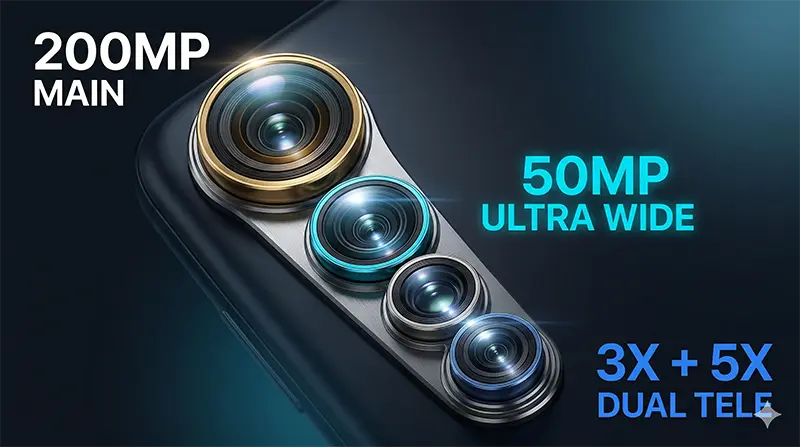 갤럭시 S26 울트라의 후면 카메라 모듈 클로즈업으로 200MP 메인 렌즈와 3배 5배 듀얼 망원 렌즈가 골드와 시안 링 악센트로 강조된 이미지