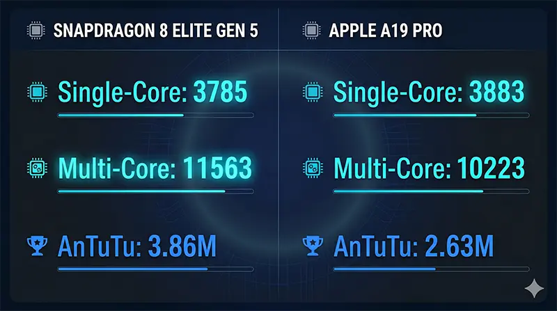 스냅드래곤 8 엘리트 Gen 5와 애플 A19 프로의 Geekbench 싱글코어, 멀티코어, AnTuTu 벤치마크 점수를 비교한 성능 인포그래픽