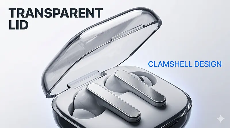 투명 뚜껑이 열린 클램쉘 방식의 충전 케이스 안에 수평으로 안착된 화이트 이어버드를 클로즈업으로 보여주는 이미지