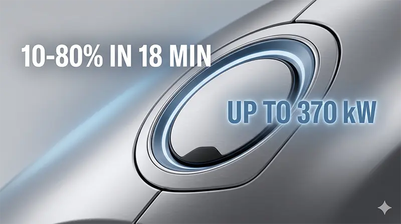 볼보 EX60의 충전 포트 클로즈업으로, 블루-그레이 일루미네이션 링이 켜진 플러시 커넥터와 10-80% 18분 충전, 최대 370kW 출력 텍스트가 오버레이된 매크로 사진