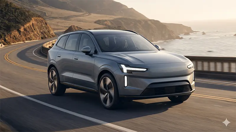 볼보 EX60이 해안 고속도로를 주행하는 시네마틱 액션 샷으로, 골든 아워 조명과 모션 블러로 역동적인 속도감이 표현된 로우 앵글 구도