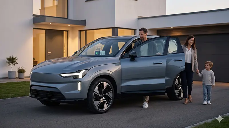 교외 주택 진입로에 주차된 볼보 EX60 옆에서 가족이 하차하는 석양빛 라이프스타일 씬으로, 스칸디나비안 주택과 따뜻한 조명이 어우러진 일상적 도착 순간