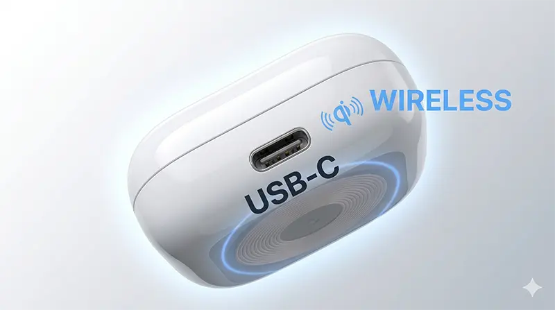 USB-C 유선 충전 포트와 Qi 무선 충전을 지원하는 케이스 하단을 클로즈업으로 보여주는 이미지