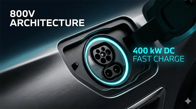 BMW iX3의 충전 포트를 매크로 클로즈업한 이미지로, 800V 아키텍처 호환 충전 링과 400kW DC 급속 충전 표시가 청록색 강조와 함께 선명하게 보이는 디테일 샷