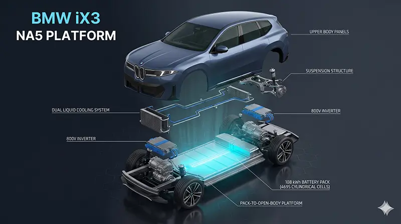 BMW iX3의 노이어 클라쎄 플랫폼을 아이소메트릭 각도로 분해한 기술 일러스트로, Pack-to-Open-Body 배터리 통합 구조와 800V 인버터 모듈이 층별로 분리되어 표시된 이미지