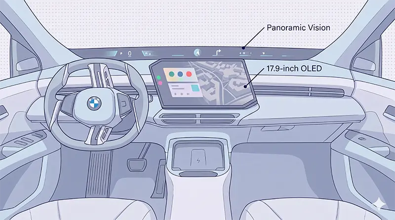 BMW iX3 인테리어 와이드 샷으로, 앞유리 하단에 펼쳐진 파노라믹 비전 디스플레이와 17.9인치 평행사변형 OLED 중앙 화면, 청록색 앰비언트 조명이 어우러진 미니멀한 운전석 레이아웃