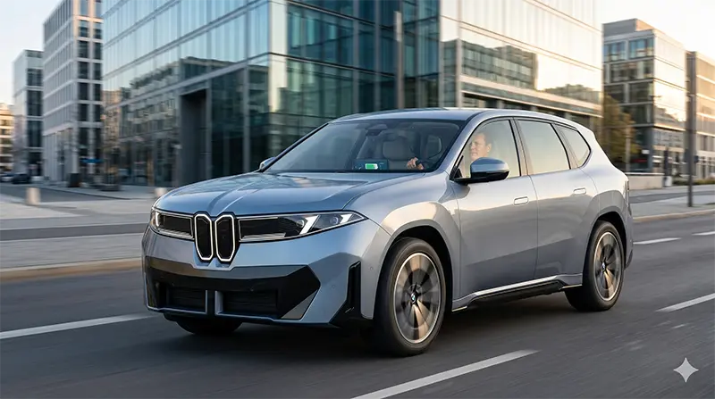 BMW iX3가 현대적인 도심 도로를 주행하는 라이프스타일 사진으로, 운전자가 탑승한 상태에서 부드러운 회생제동 경험을 전달하며 배경에 도시 건축물이 흐릿하게 보이는 이미지