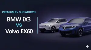 BMW iX3와 볼보 EX60 두 프리미엄 전기 SUV가 나란히 배치된 비교 마케팅 배너로, 어두운 배경에서 강조된 헤드라인과 함께 두 차량의 디자인 특징을 보여주는 이미지