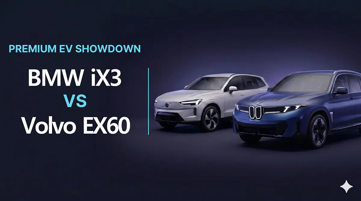 BMW iX3와 볼보 EX60 두 프리미엄 전기 SUV가 나란히 배치된 비교 마케팅 배너로, 어두운 배경에서 강조된 헤드라인과 함께 두 차량의 디자인 특징을 보여주는 이미지